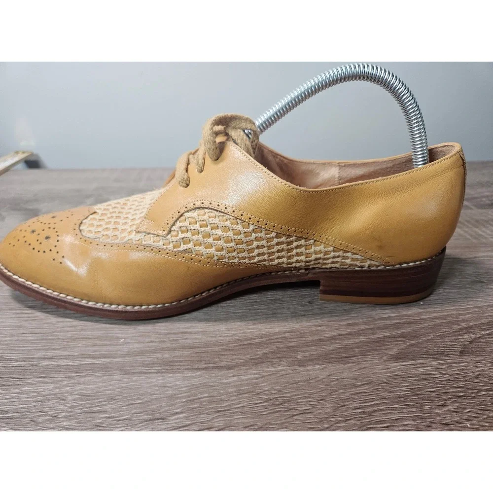 Vintage Famolare Piper Tan Leather Woven Wingtip Oxfords Mens 10.5 M Brazil